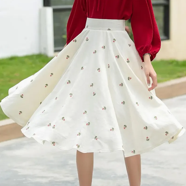 Stylish Women's High-Waisted Floral Linen Midi Skirt with Pockets