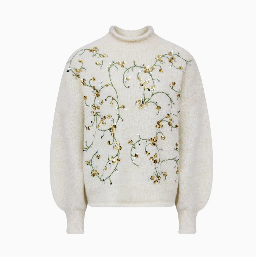 Women's Sequin Floral Embroidered Mock Neck Fuzzy Knit Sweater – Elegant Luxury Winter Pullover