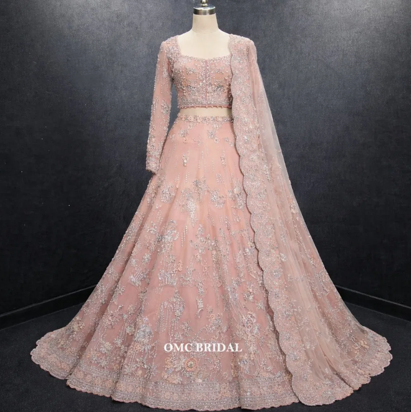 Peach Embroidered Organza Lehenga Choli with Long Sleeves & Dupatta – Elegant Wedding Wear