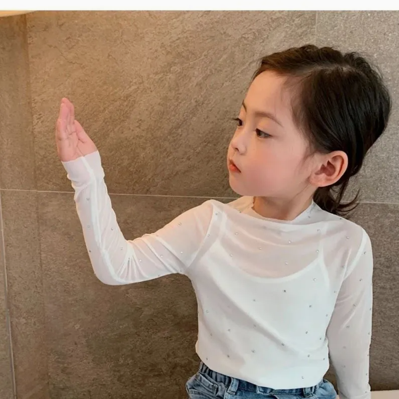 Girls' Autumn Striped Lace Embroidered Long Sleeve Cotton T-Shirt