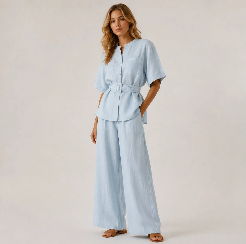 Summer Women's Light Blue Linen Short Sleeve Belted Shirt & Wide-Leg Pants Two-Piece Set