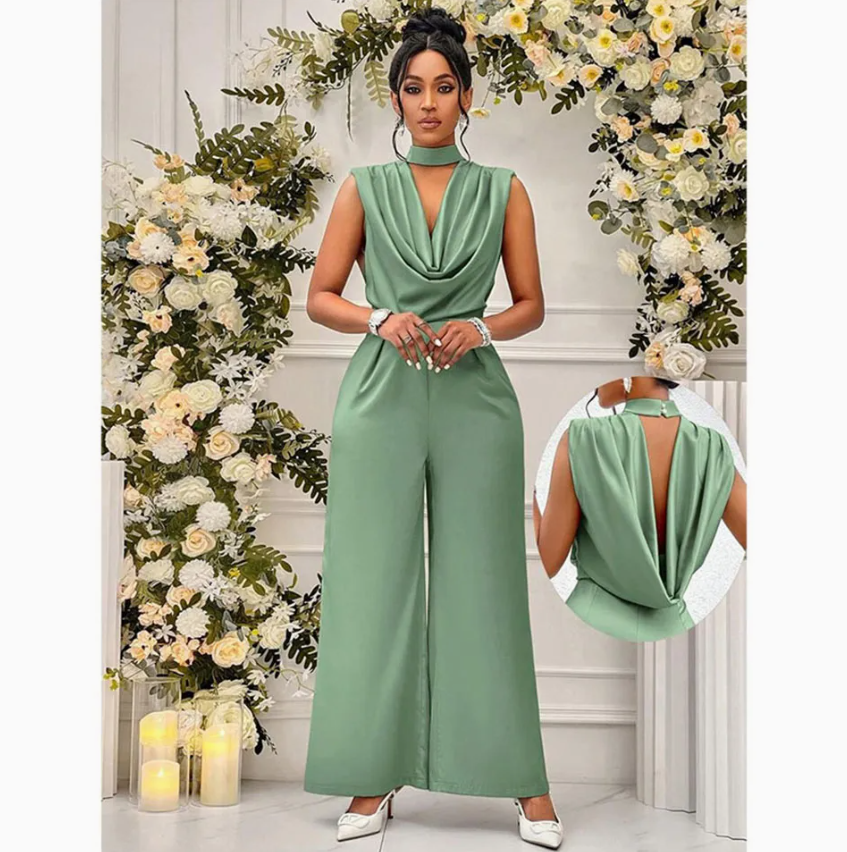 Graceful Cowl Front Open-Back High-Waist Formal Women's Jumpsuit