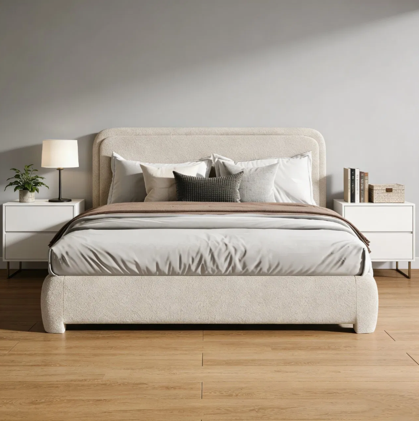 Modern Multi-Color Bouclé Upholstered Platform Bed with Soft Headboard
