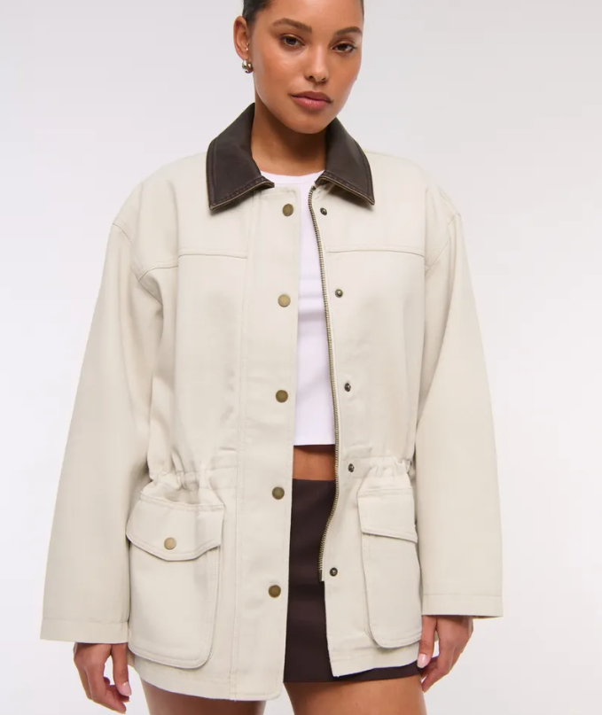 Vintage White Canvas Denim Thermal Jacket with Turn-Down Collar