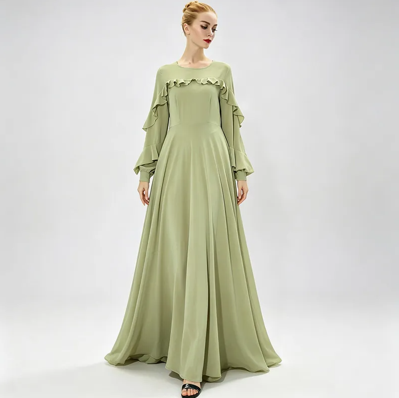 Light Green Chiffon Ruffle Abaya – Waisted Swing Long Sleeve Muslim Maxi Dress