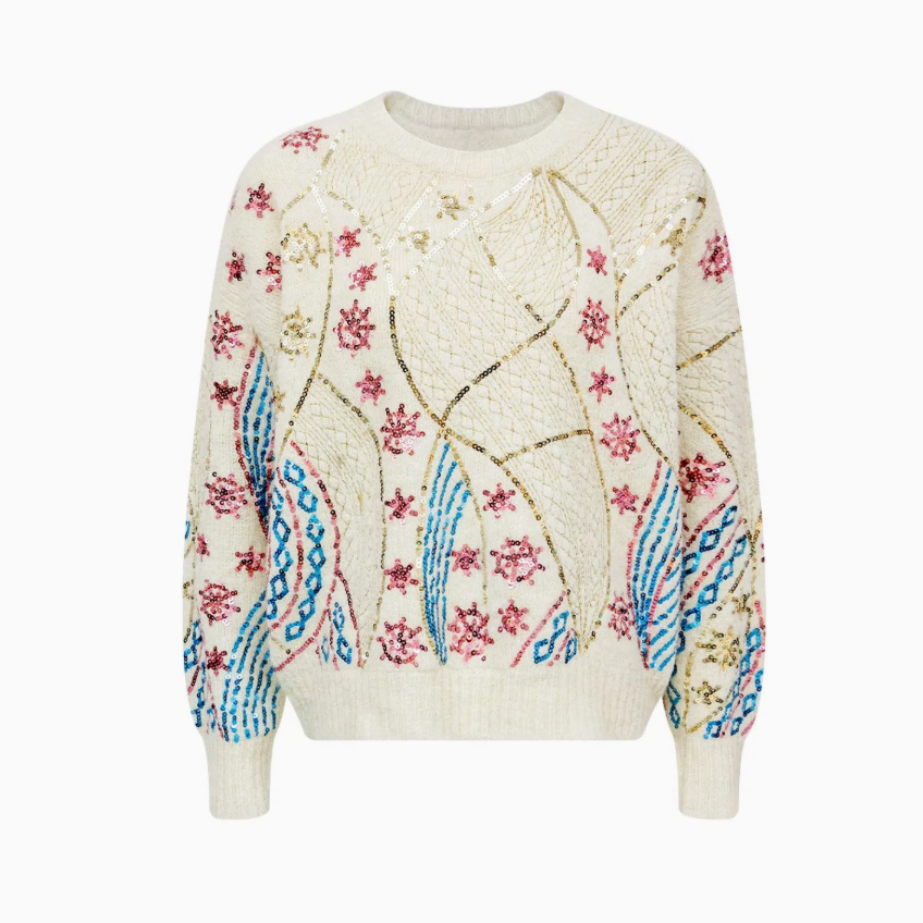 Premium Women's Hand-Beaded Sequin Floral Cable Knit Sweater