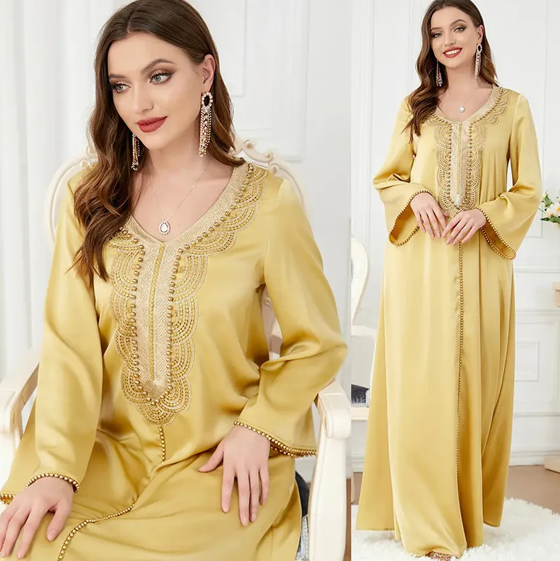 Women's V-Neck Beaded Traditional Muslim Long Sleeve Fashion Dress