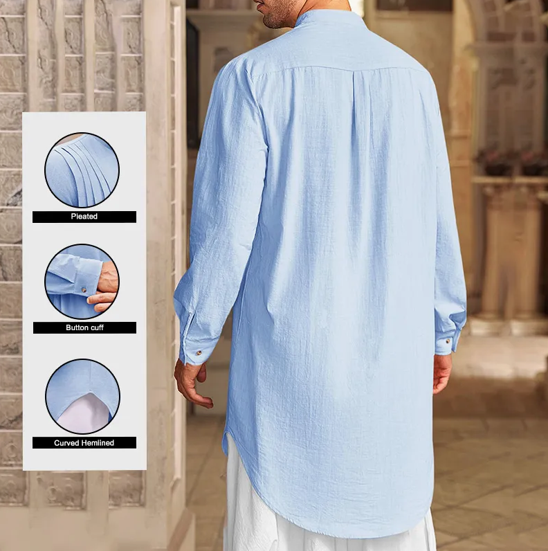 Men's Long-Sleeve Cotton Thobe – Casual & Formal Muslim Kurta Wear
